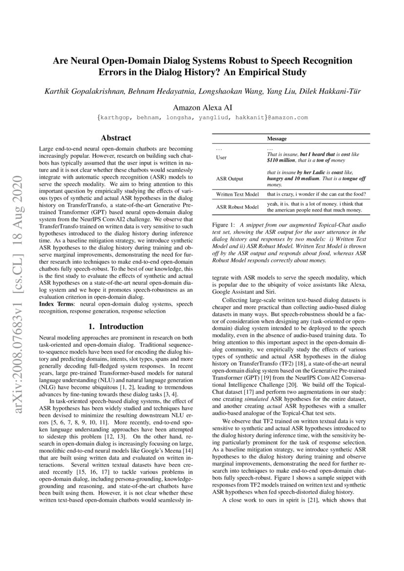 Are neural open domain dialog systems robust to speech recognition