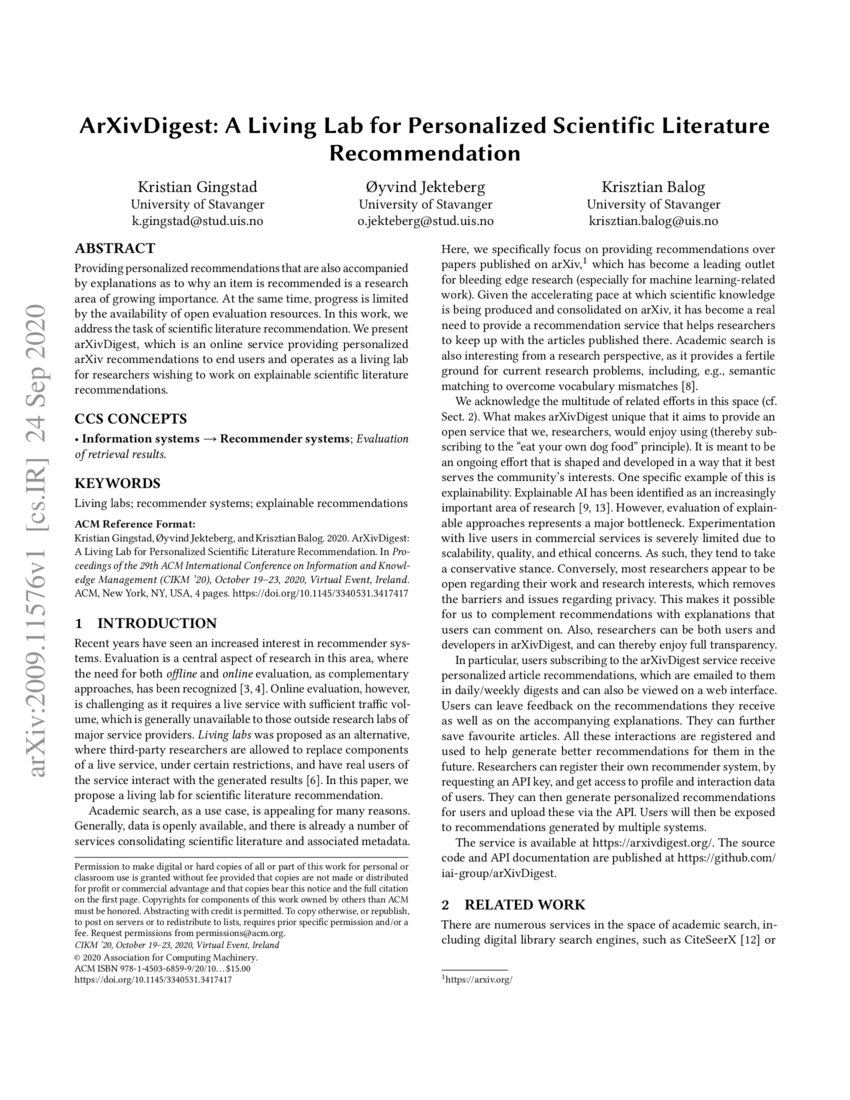 ArXivDigest A Living Lab for Personalized Scientific Literature