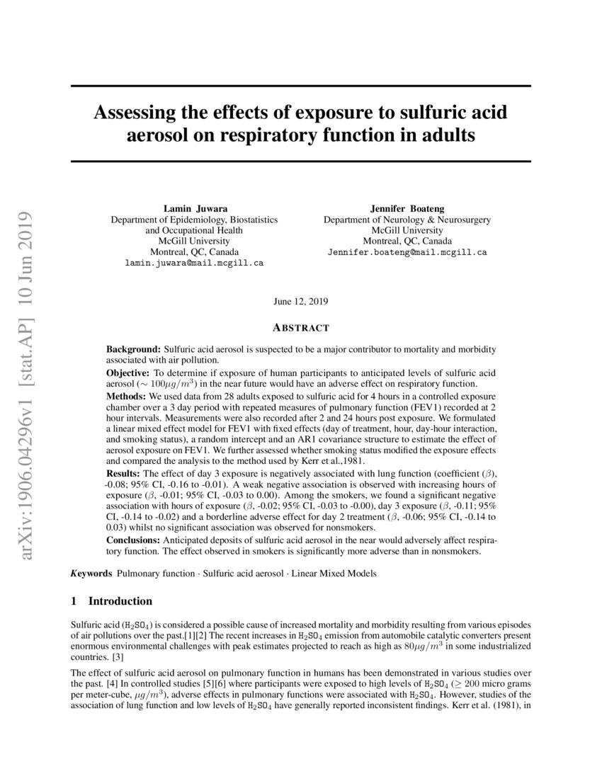 Assessing the effects of exposure to sulfuric acid aerosol on