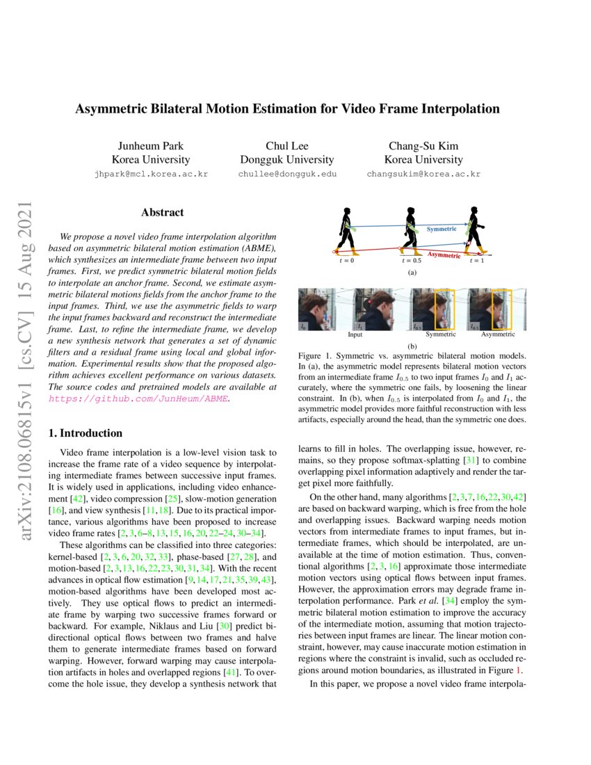 Asymmetric Bilateral Motion Estimation for Video Frame Interpolation