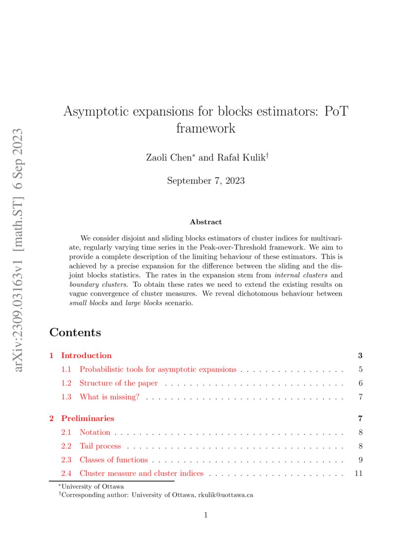 Asymptotic expansions for blocks estimators PoT framework DeepAI
