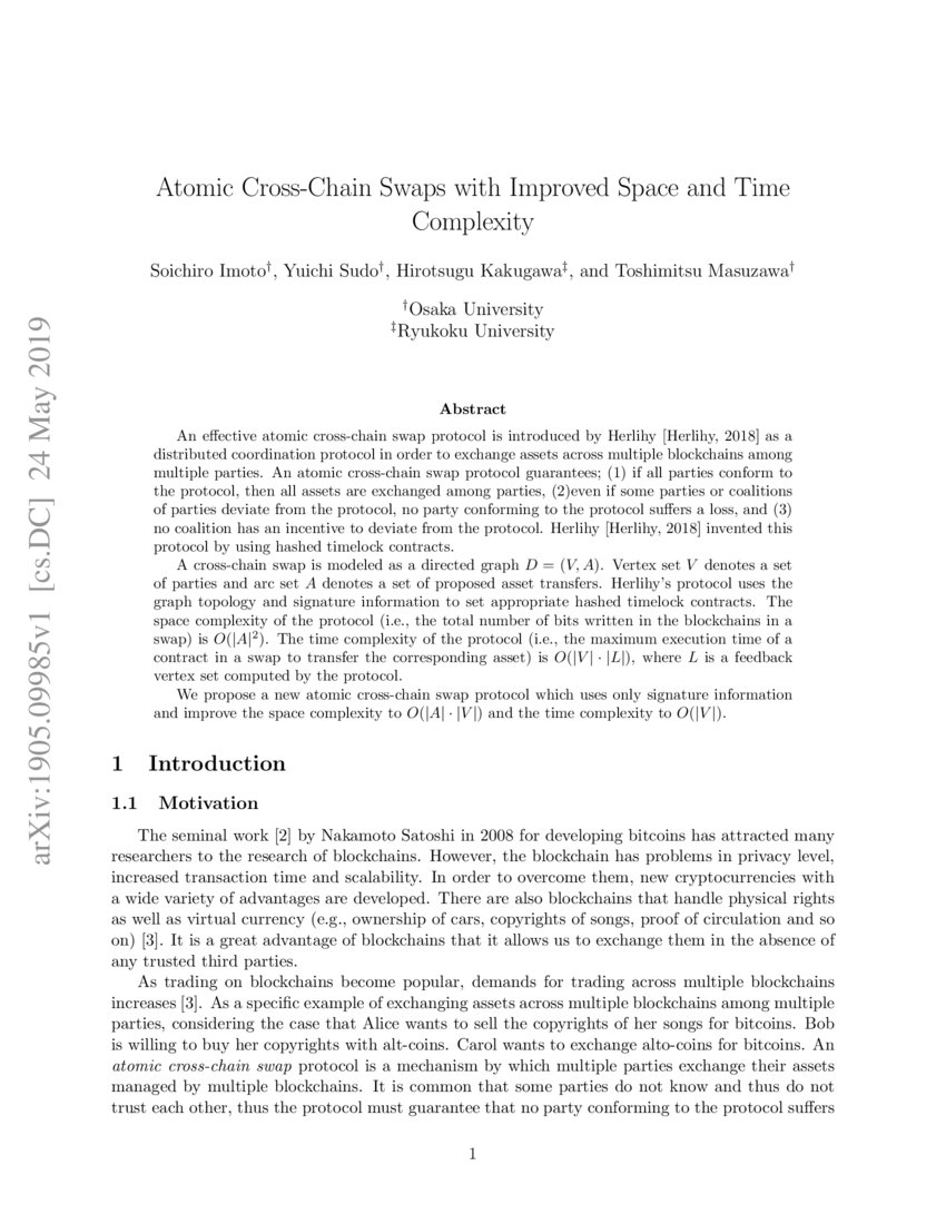Atomic CrossChain Swaps with Improved Space and Time Complexity DeepAI