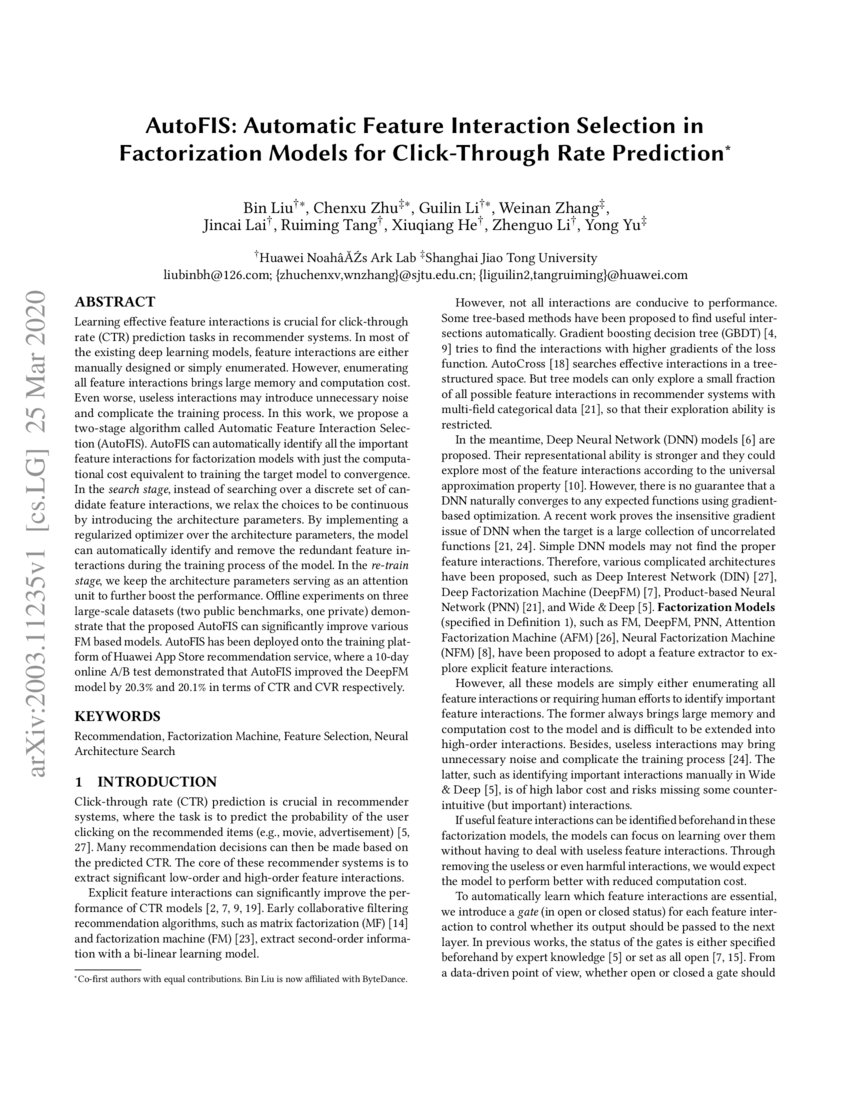 AutoFIS Automatic Feature Interaction Selection in Factorization