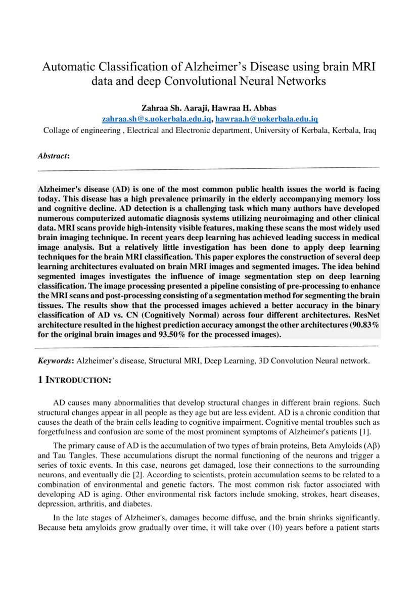 Automatic Classification of Alzheimer's Disease using brain MRI data ...