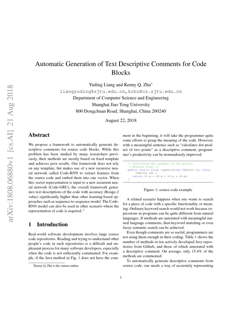 Automatic Generation of Text Descriptive Comments for Code Blocks | DeepAI