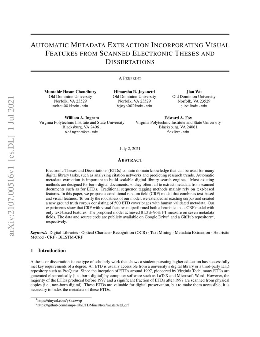 Automatic Metadata Extraction Incorporating Visual Features from Scanned Electronic Theses and