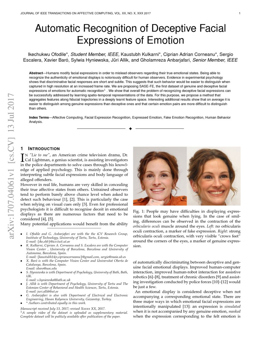 Automatic Recognition of Deceptive Facial Expressions of Emotion | DeepAI