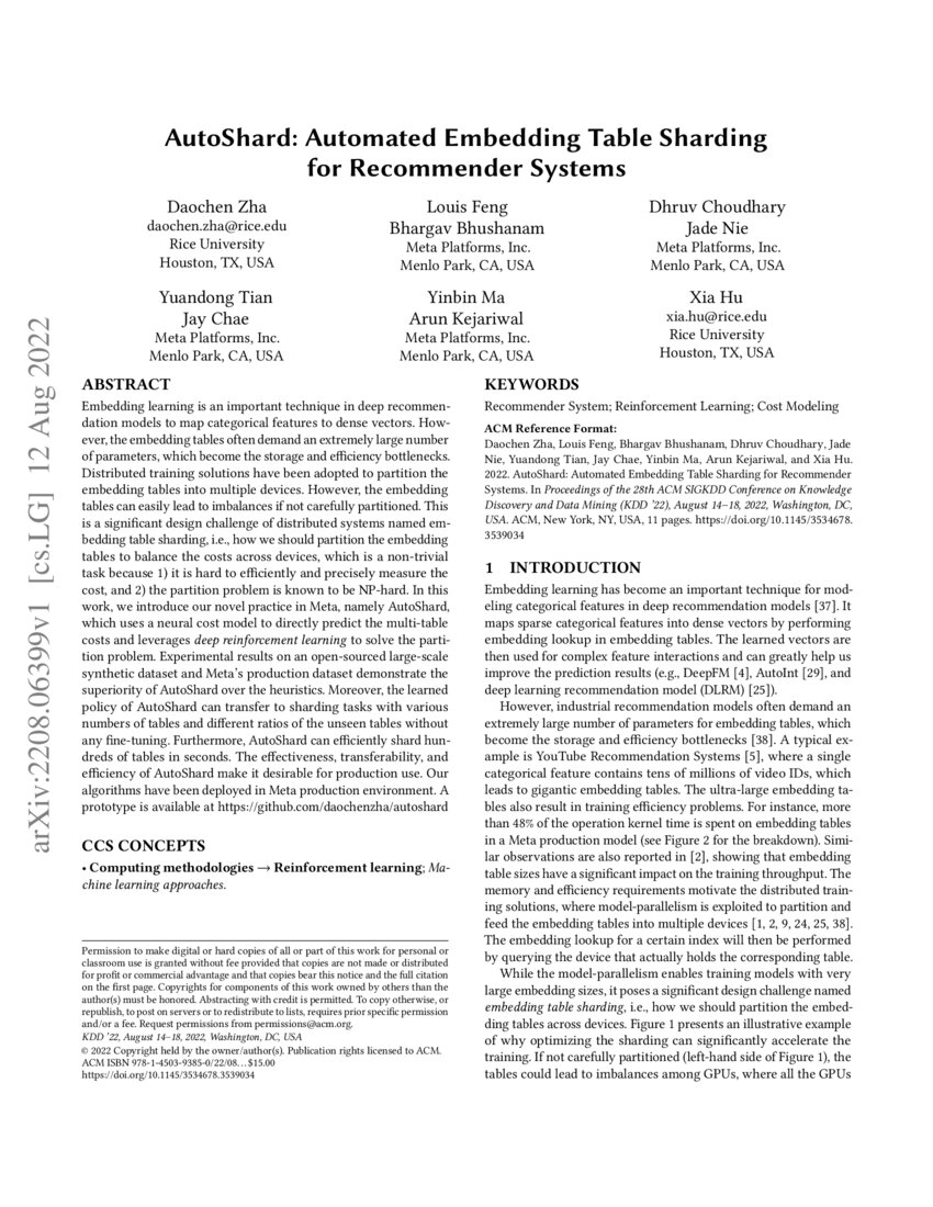 AutoShard: Automated Embedding Table Sharding for Recommender Systems ...