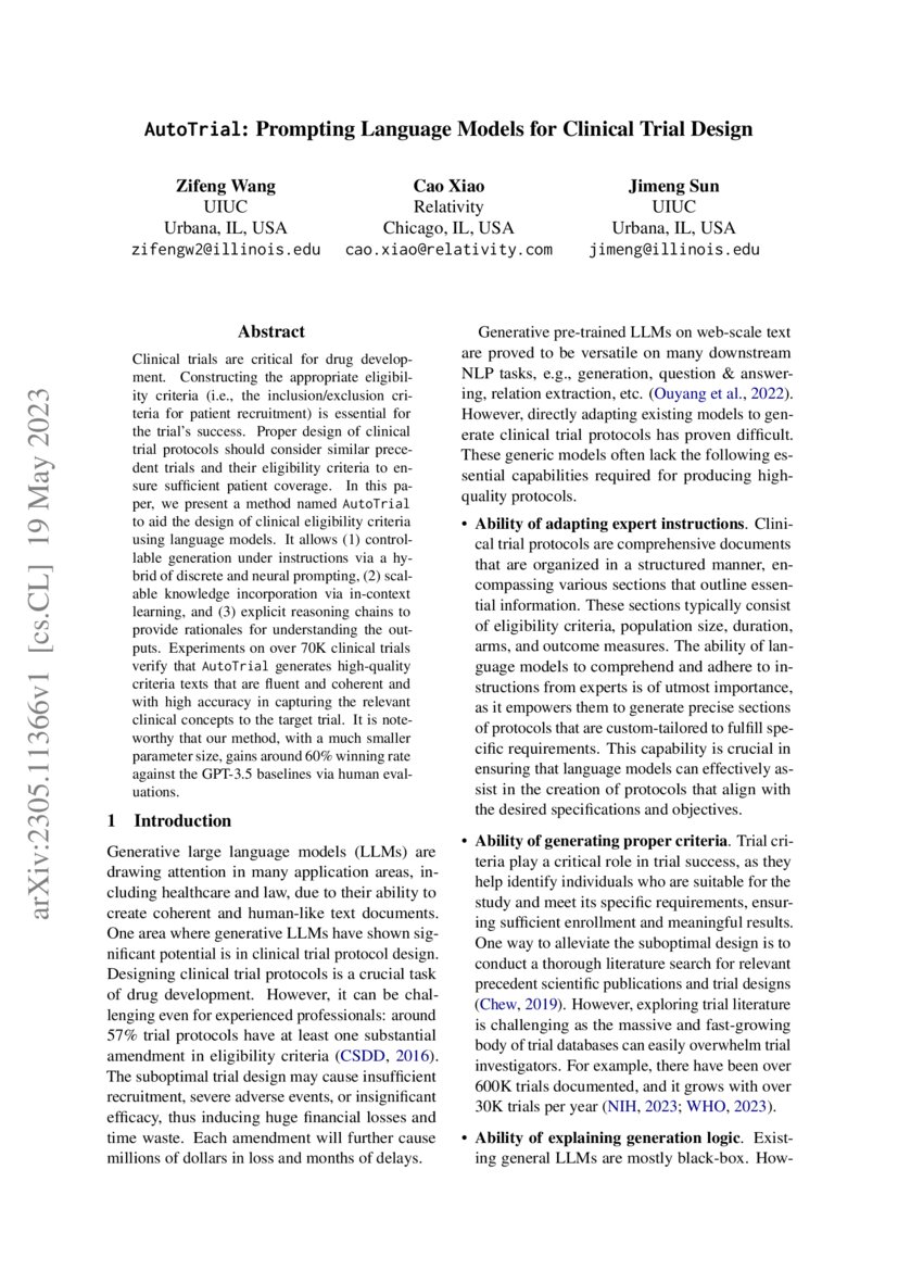 AutoTrial Prompting Language Models for Clinical Trial Design DeepAI