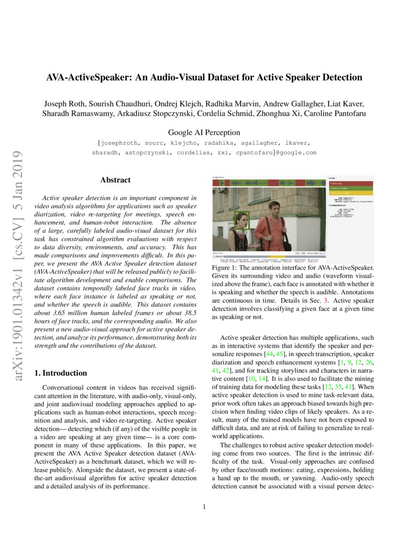 AVAActiveSpeaker An AudioVisual Dataset for Active Speaker Detection