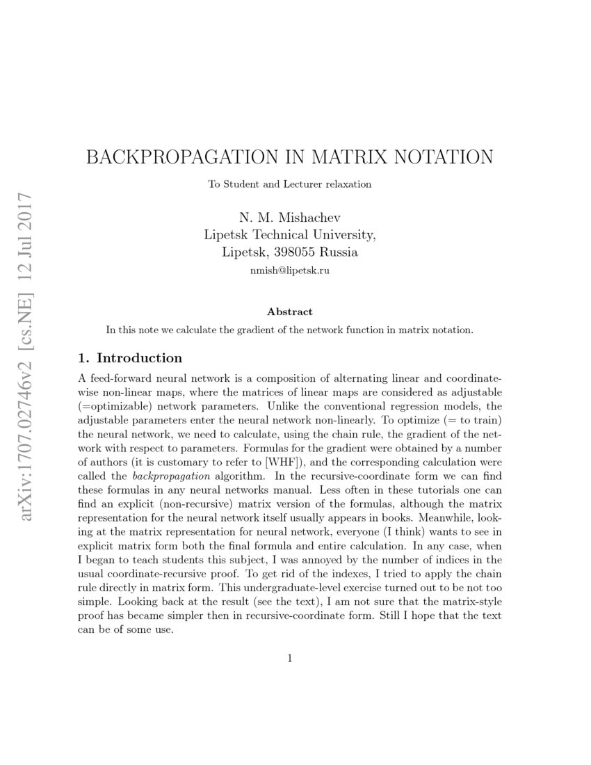 Backpropagation in matrix notation | DeepAI