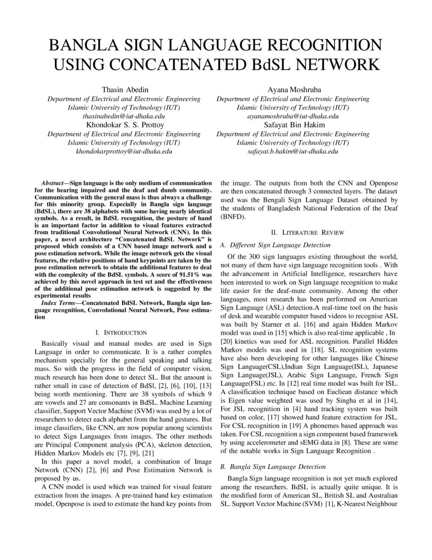 Bangla sign language recognition using concatenated BdSL network | DeepAI