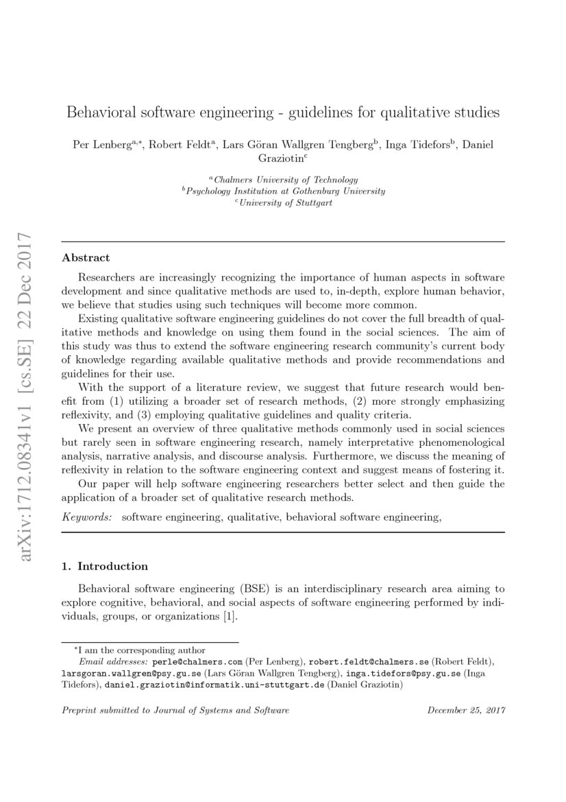 Behavioral software engineering - guidelines for qualitative studies ...