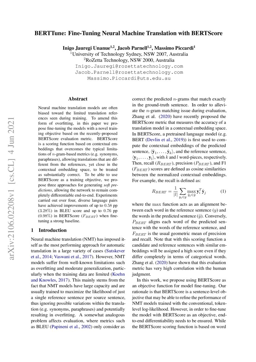 BERTTune Neural Machine Translation with BERTScore DeepAI