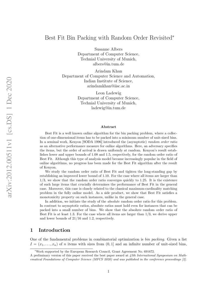 Best Fit Bin Packing with Random Order Revisited DeepAI