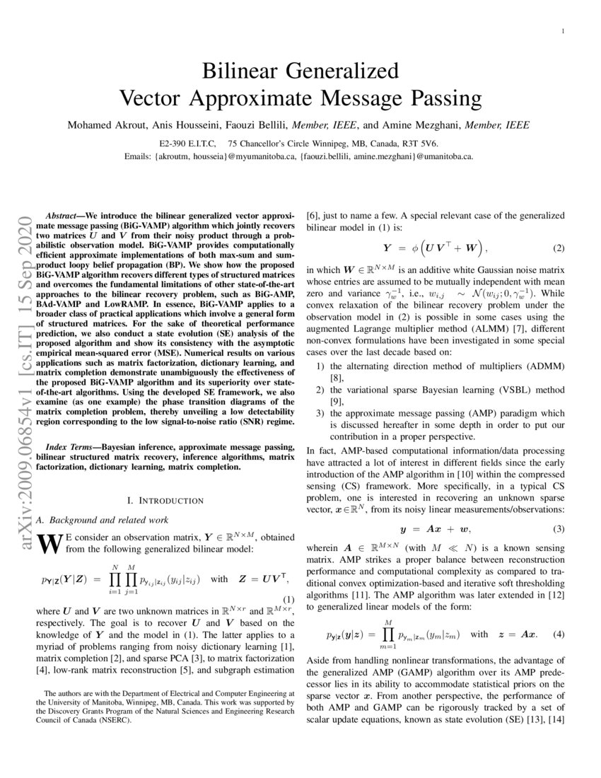 Bilinear Generalized Vector Approximate Message Passing DeepAI