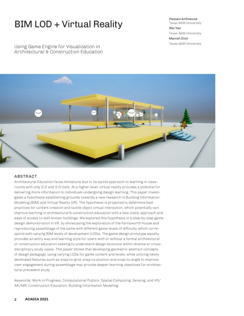 BIM LOD + Virtual Reality Using Game Engine for Visualization in Architectural Construction