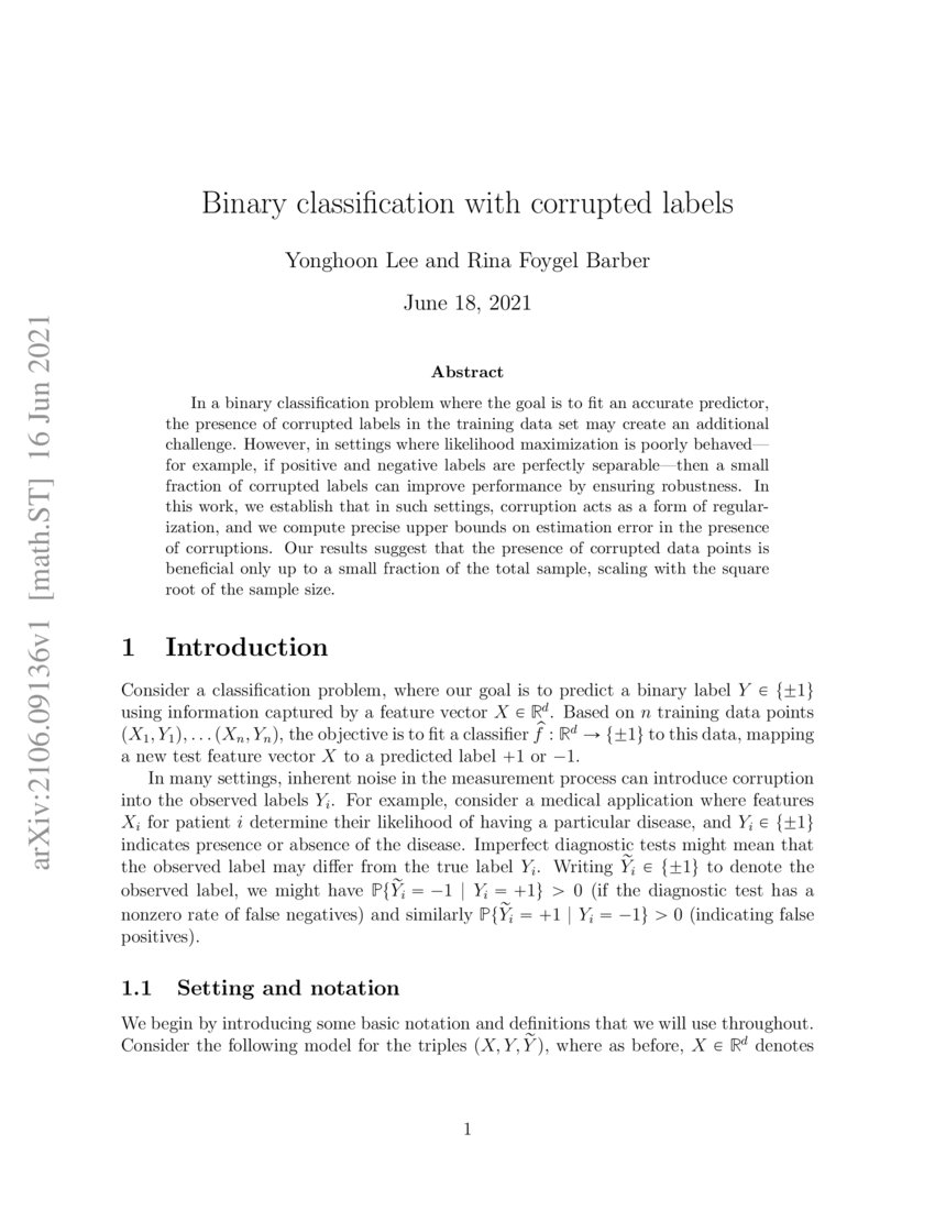 Binary classification with corrupted labels | DeepAI
