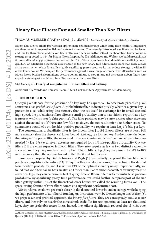 Binary Fuse Filters Fast and Smaller Than Xor Filters DeepAI