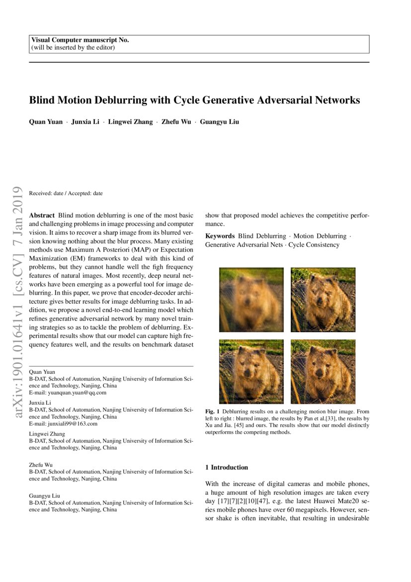 Blind Motion Deblurring with Cycle Generative Adversarial Networks DeepAI
