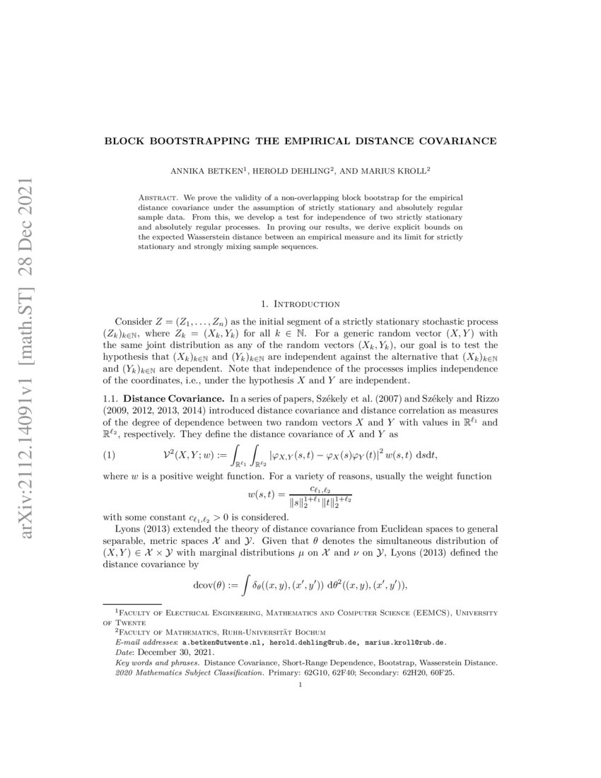 Block Bootstrapping the Empirical Distance Covariance DeepAI