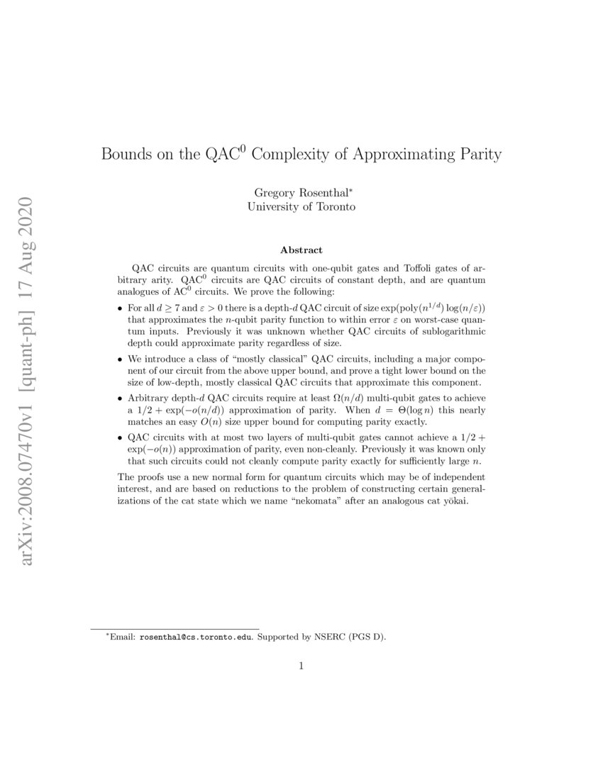 Bounds on the QAC^0 Complexity of Approximating Parity DeepAI