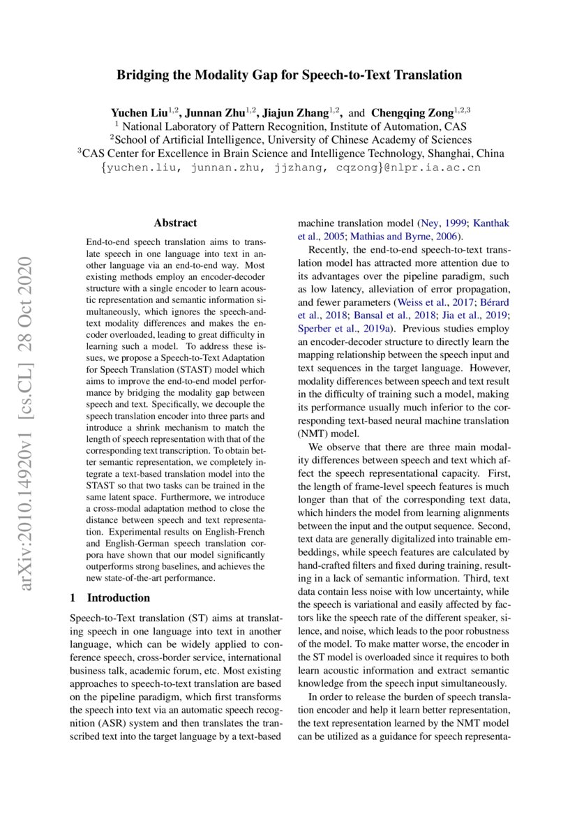 Bridging the Modality Gap for SpeechtoText Translation DeepAI