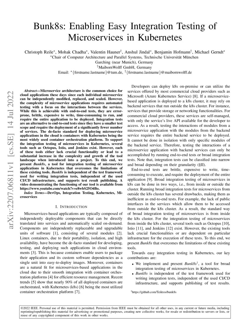 Bunk8s Enabling Easy Integration Testing of Microservices in