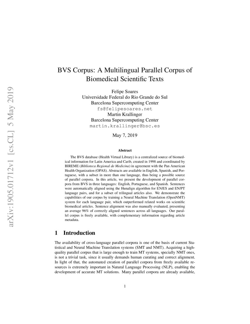 BVS Corpus: A Multilingual Parallel Corpus of Biomedical Scientific ...