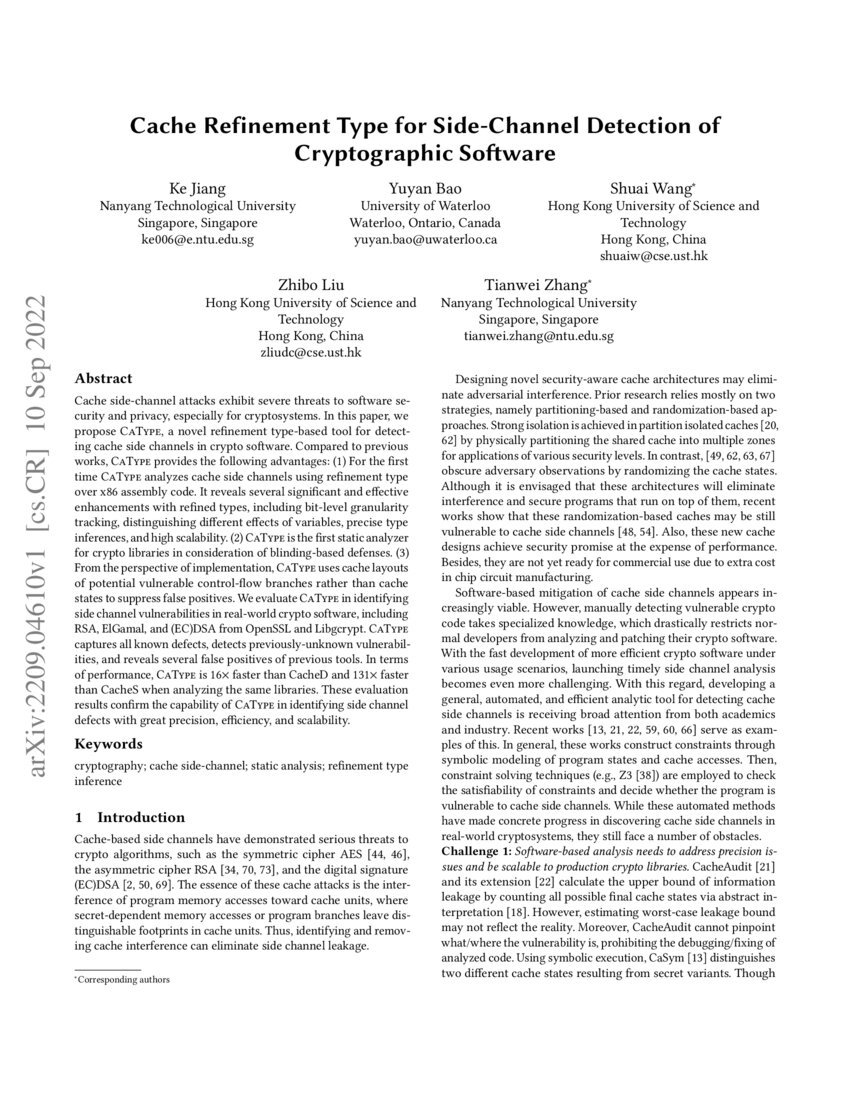 Cache Refinement Type for SideChannel Detection of Cryptographic