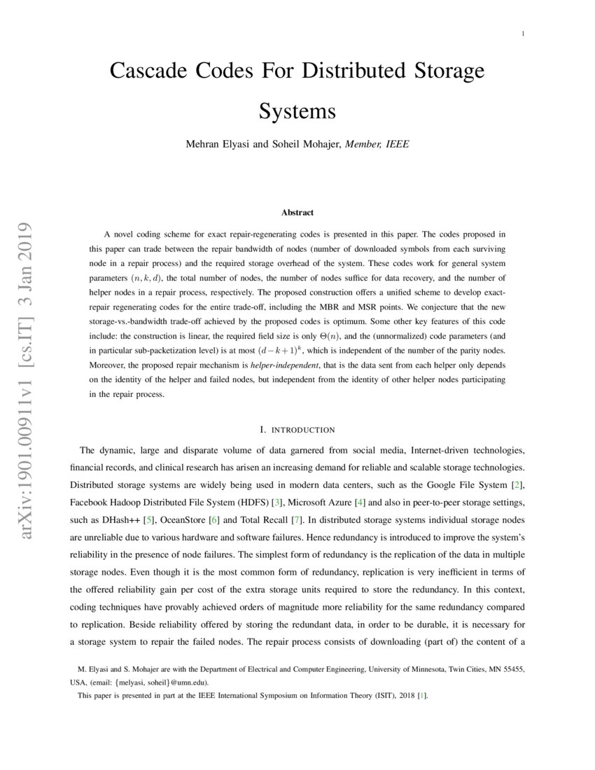 Cascade Codes For Distributed Storage Systems DeepAI