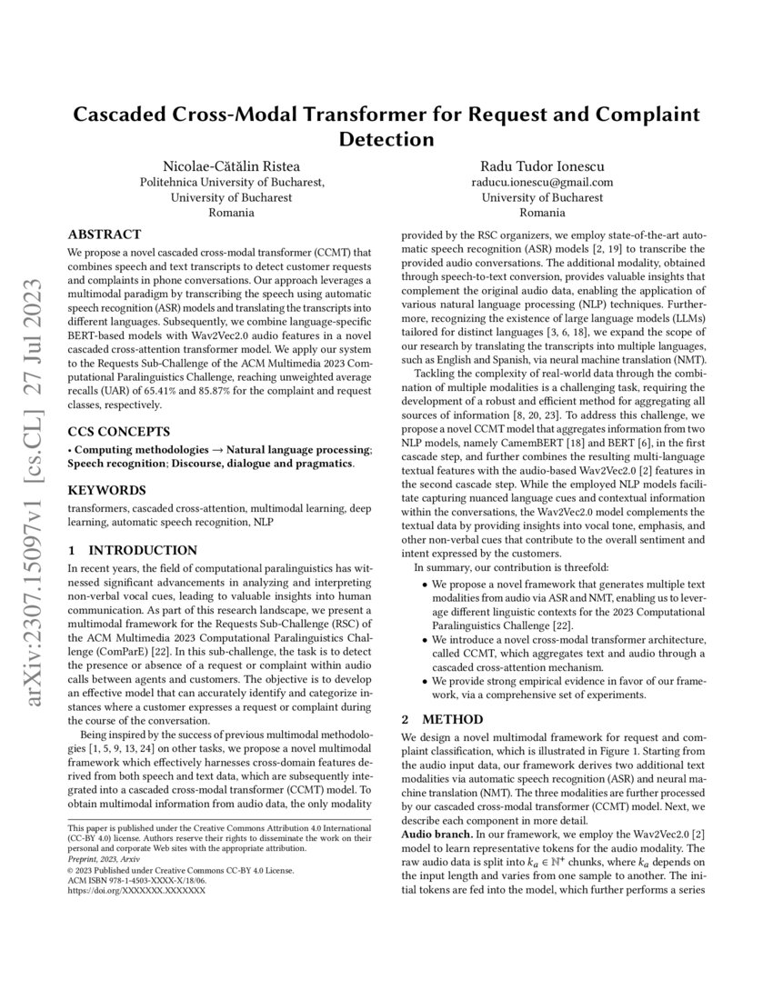 Cascaded cross modal transformer for request and complaint detection
