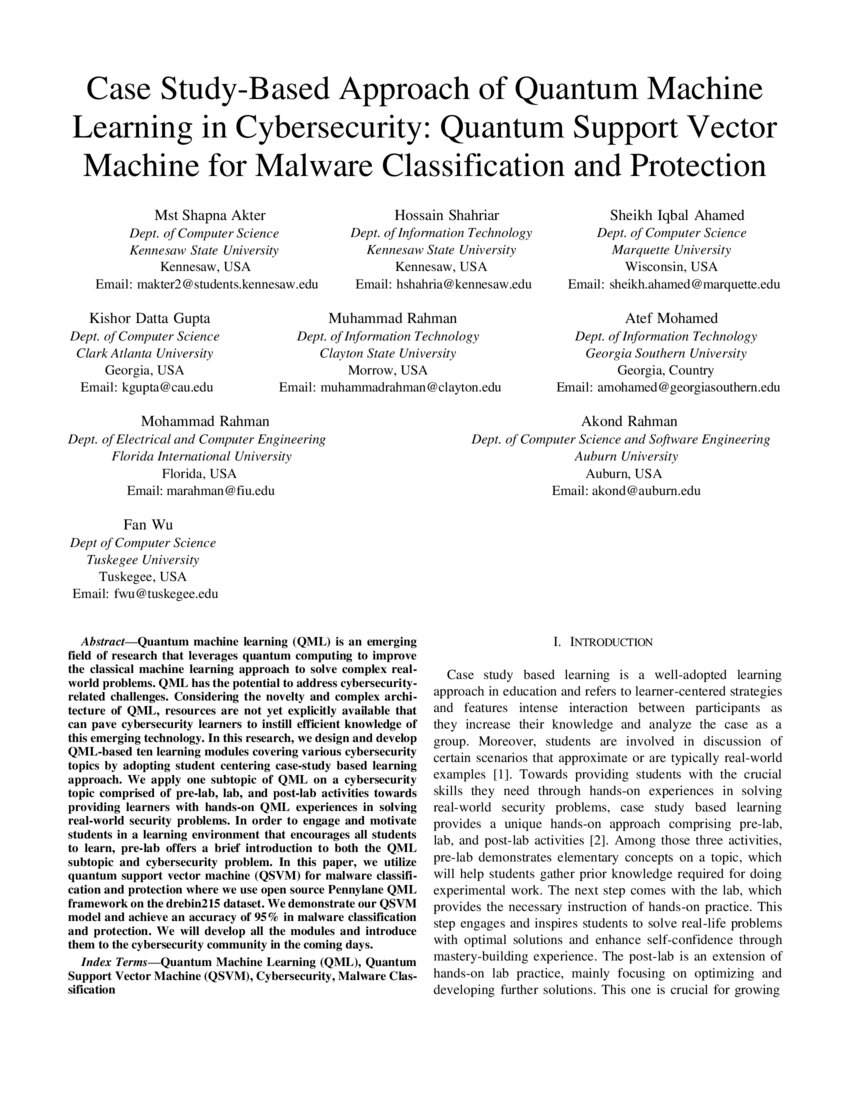 Case Study Based Approach Of Quantum Machine Learning In Cybersecurity Quantum Support Vector Case Study Based Approach Of Quantum Machine Learning In Cybersecurity Quantum Support Vector