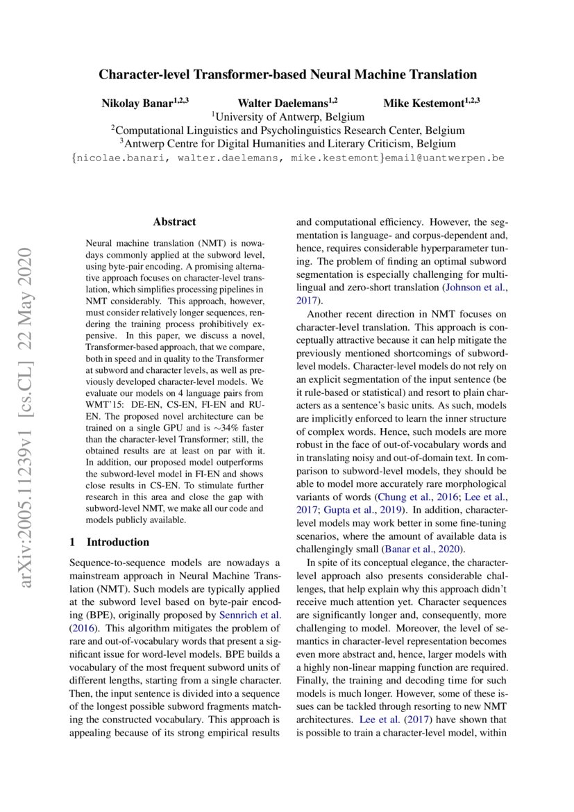 Character-level Transformer-based Neural Machine Translation | DeepAI