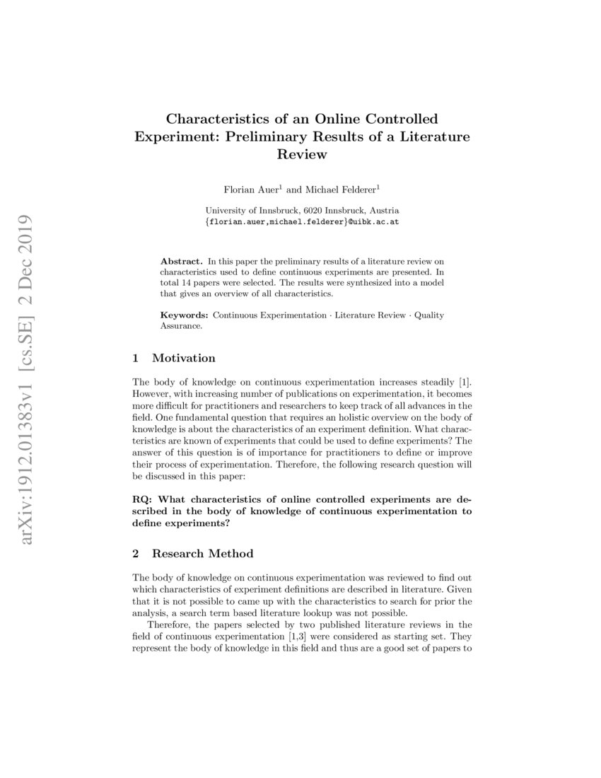 Characteristics of an Online Controlled Experiment: Preliminary Results of  a Literature Review | DeepAI
