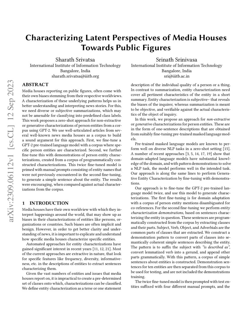 Characterizing Latent Perspectives of Media Houses Towards Public