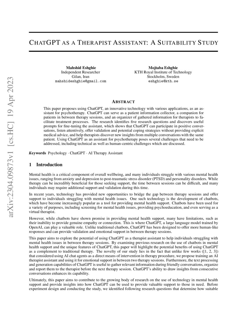 ChatGPT as a Therapist Assistant A Suitability Study DeepAI