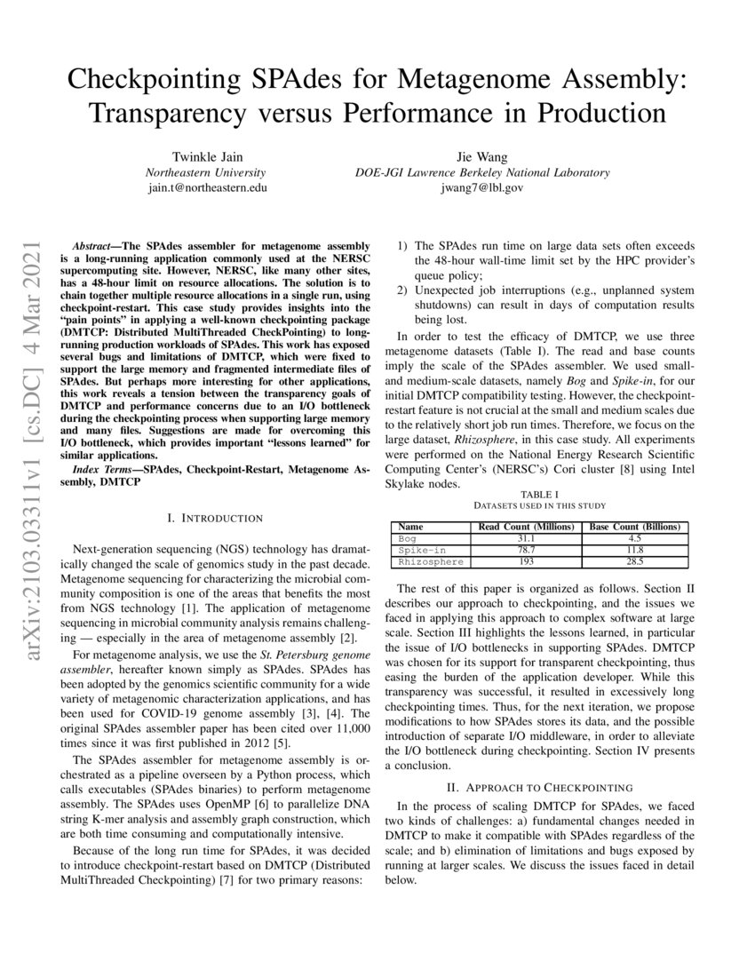 Checkpointing SPAdes for Metagenome Assembly Transparency versus