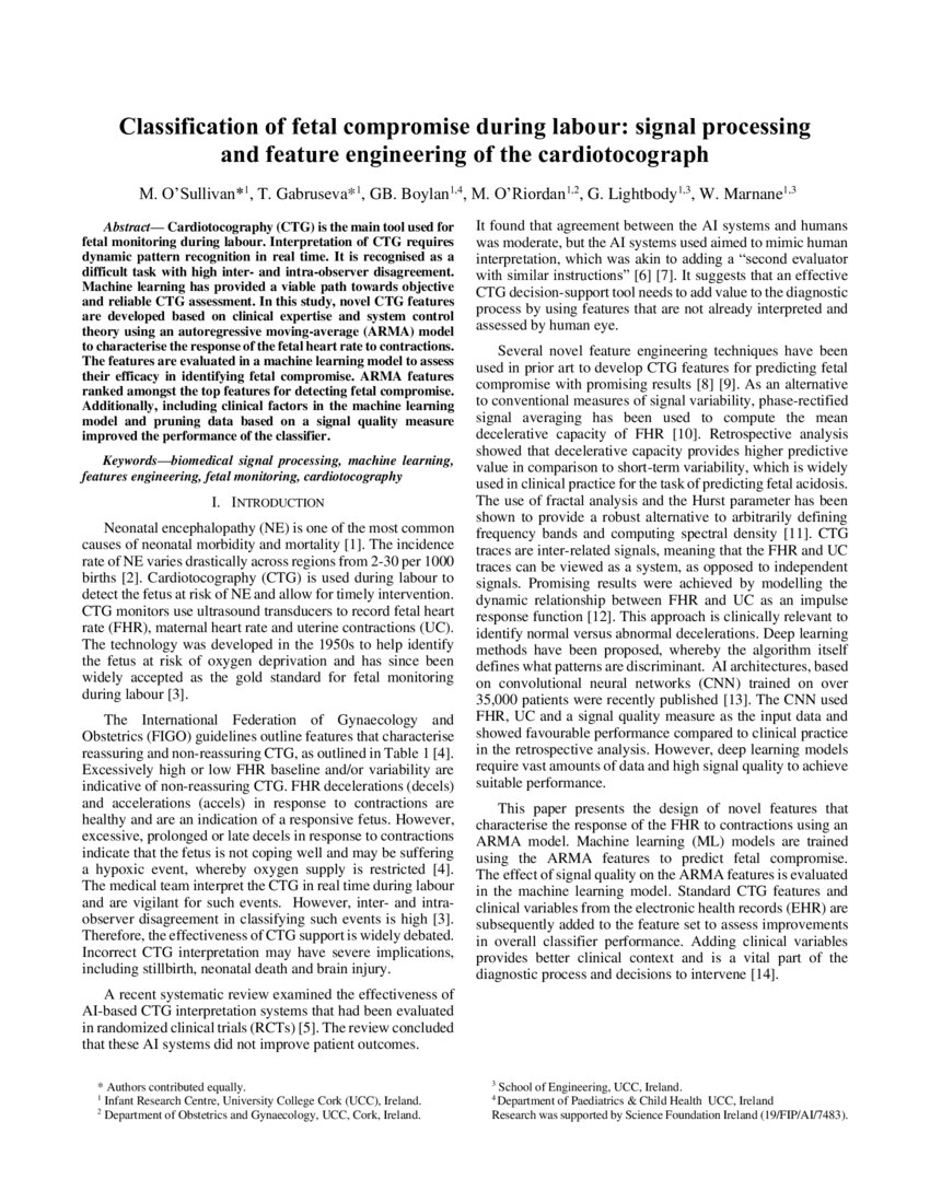 Classification of fetal compromise during labour signal processing and