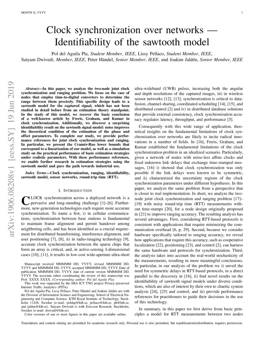 Clock synchronization over networks Identifiability of the sawtooth