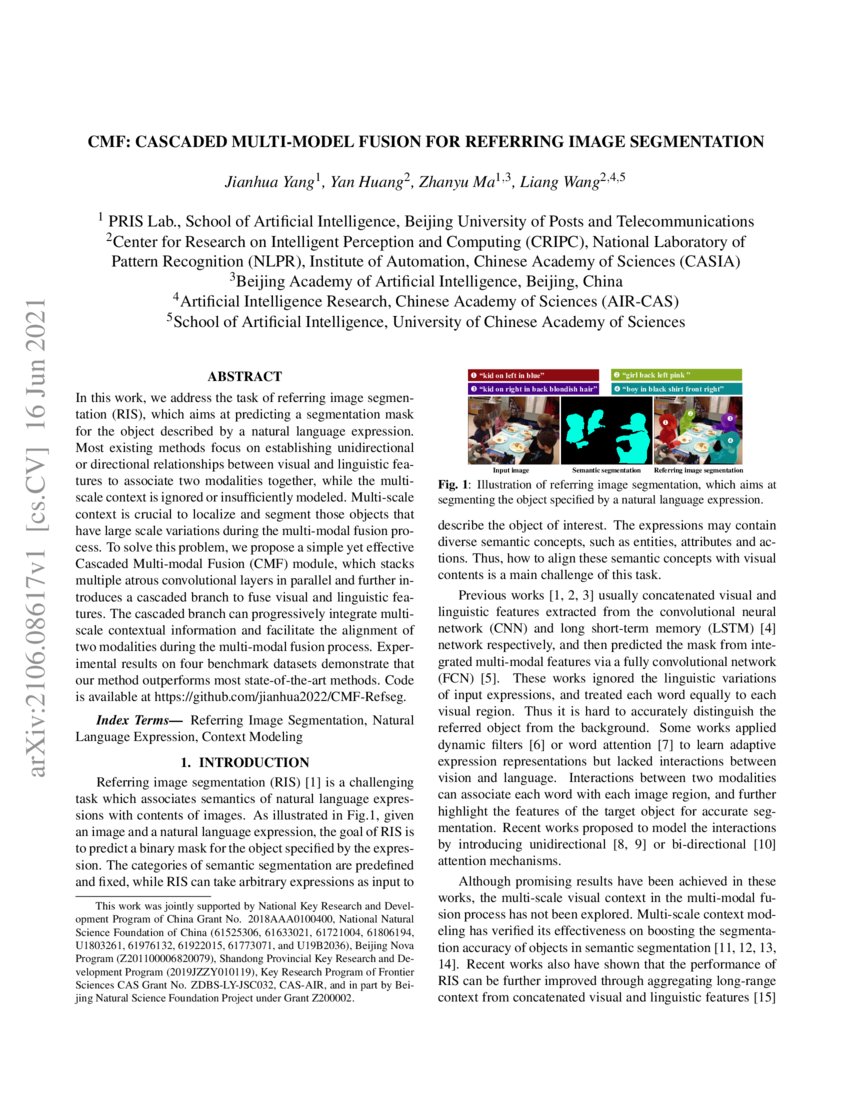 CMF: Cascaded Multi-model Fusion for Referring Image Segmentation | DeepAI