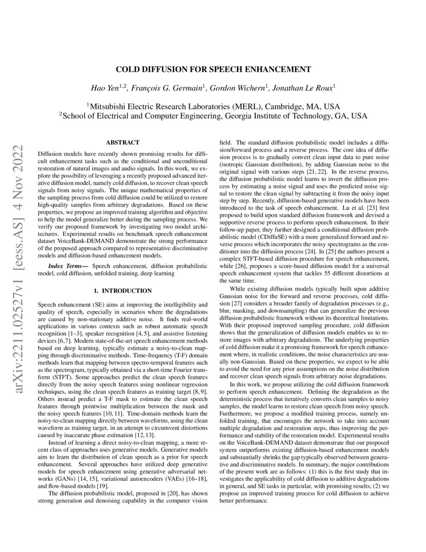Cold Diffusion for Speech Enhancement DeepAI
