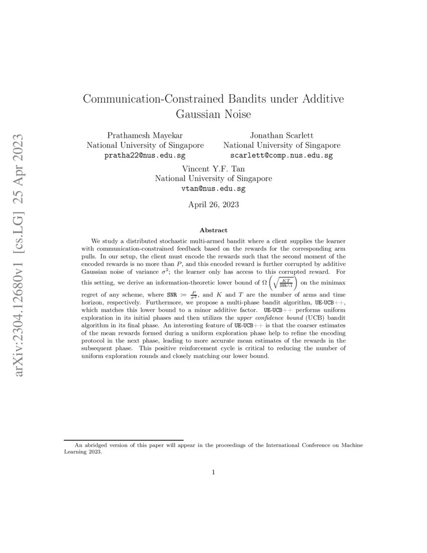 CommunicationConstrained Bandits under Additive Gaussian Noise DeepAI