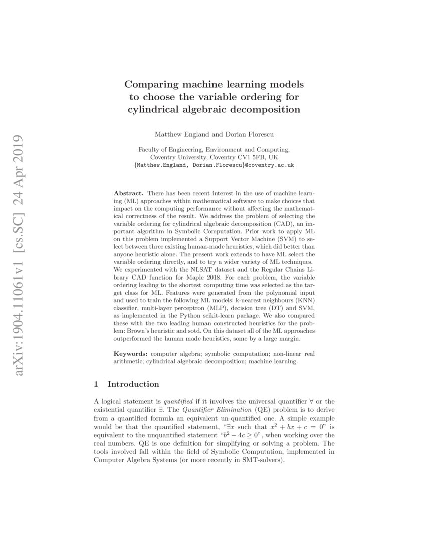 Comparing machine learning models to choose the variable ordering for