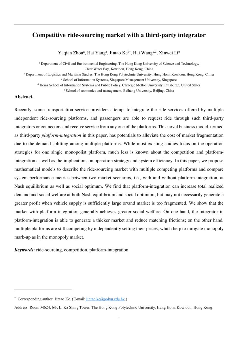 Competitive ridesourcing market with a thirdparty integrator DeepAI