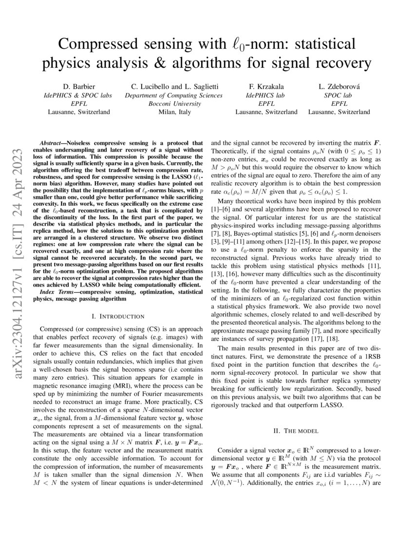 Compressed sensing with l0norm statistical physics analysis and