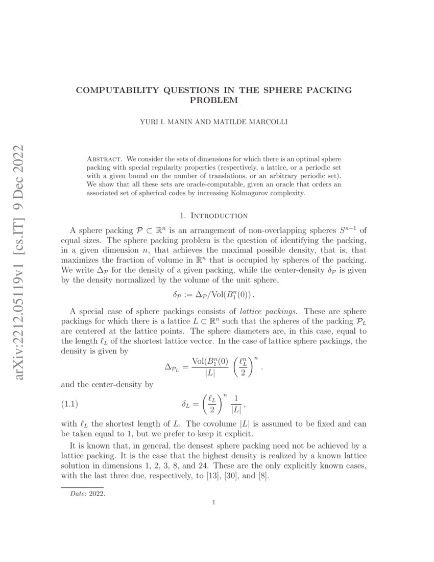 Computability questions in the sphere packing problem | DeepAI