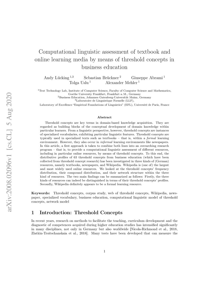 Computational linguistic assessment of textbook and online learning