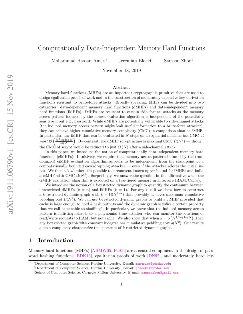 Computationally Data-Independent Memory Hard Functions | DeepAI