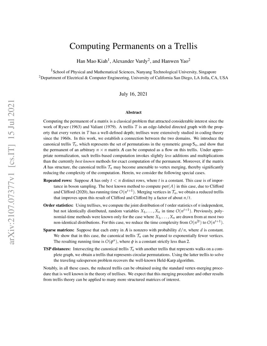 Computing Permanents on a Trellis DeepAI
